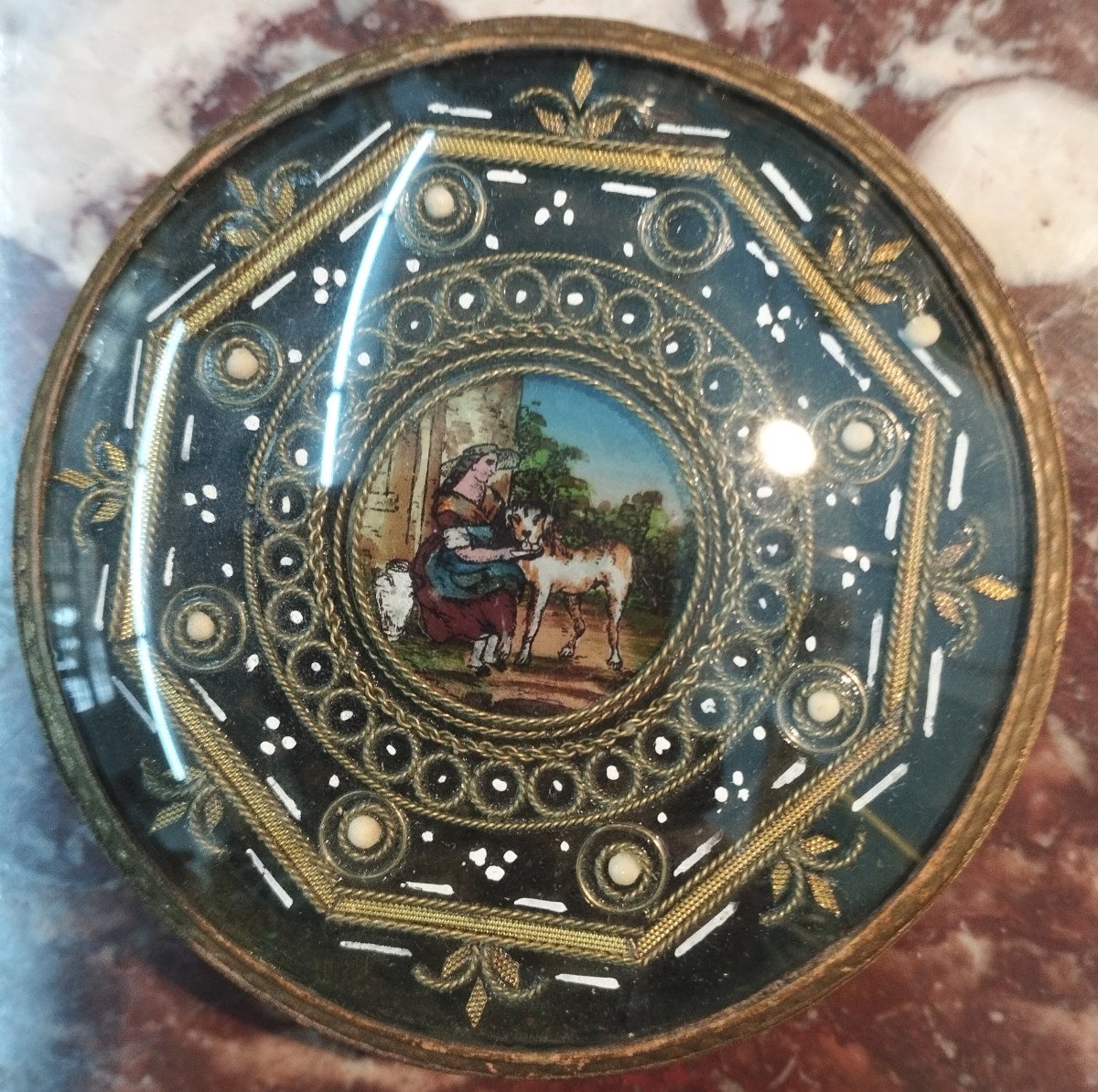 Candy Box "young Shepherdess And Her Dog" Fixed Under Glass XIX