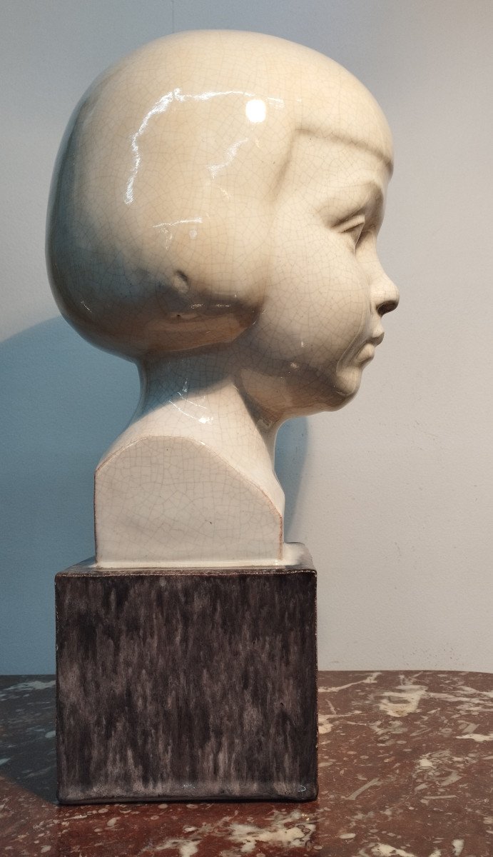 André Fau / Charles Soudant " Buste De Jeune Fille " Sculpture en Céramique émaillée  XX-photo-4