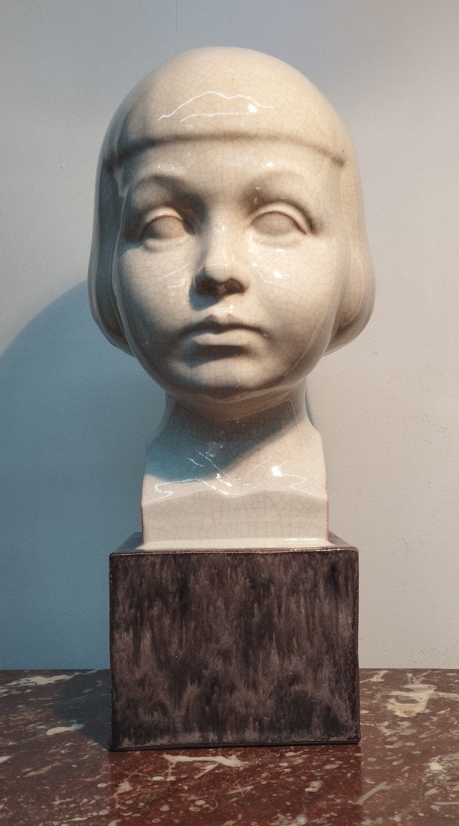 André Fau / Charles Soudant " Buste De Jeune Fille " Sculpture en Céramique émaillée  XX