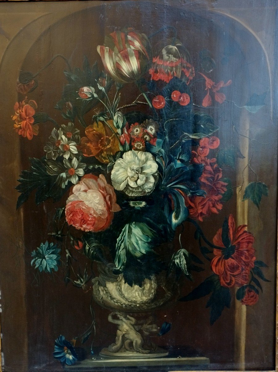 École hollandaise  " Bouquet de fleurs " Huile sur bois parqueté XVIII 