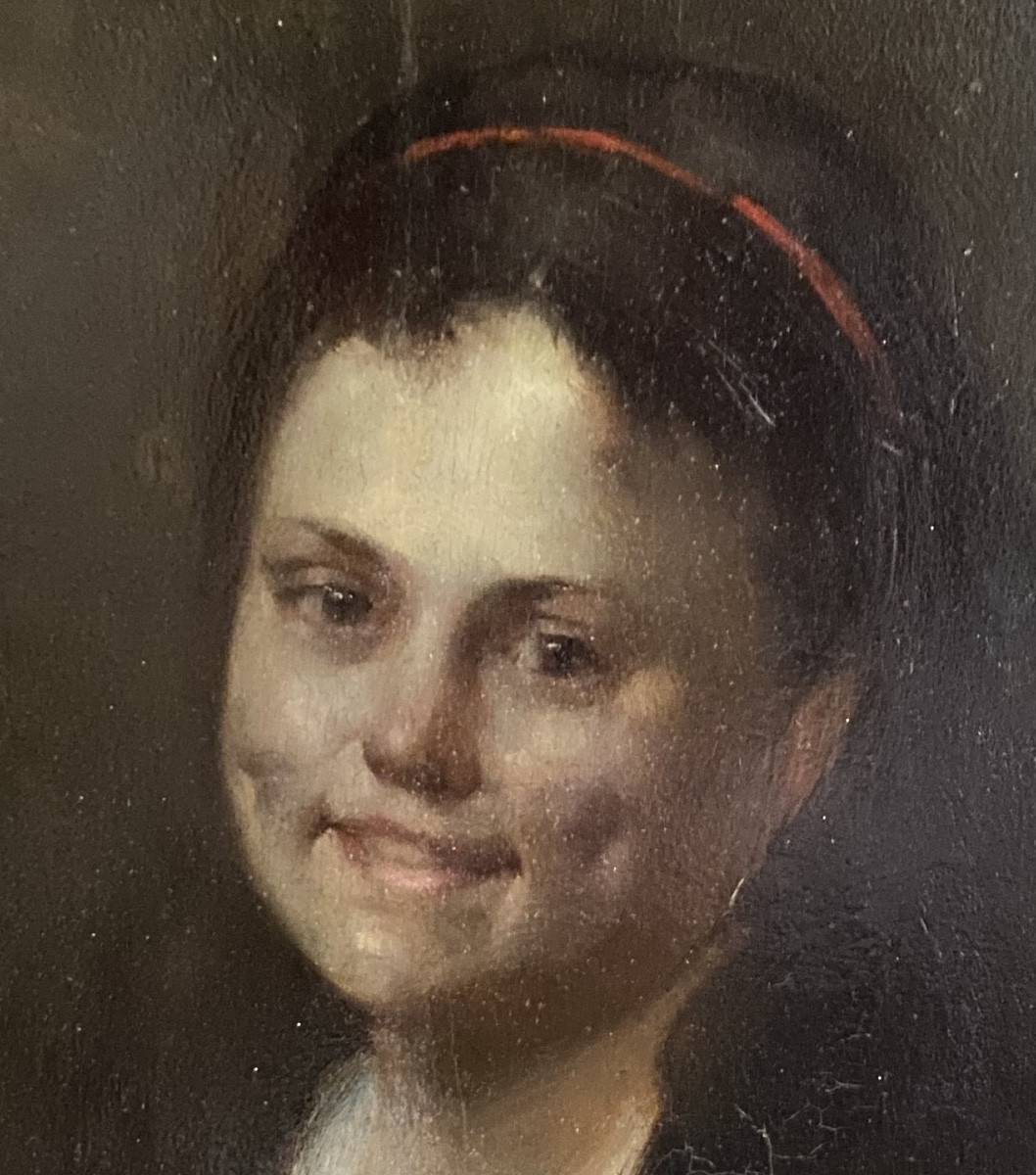 Portrait Of A Young Girl, Oil On Wood, 19th Century-photo-3