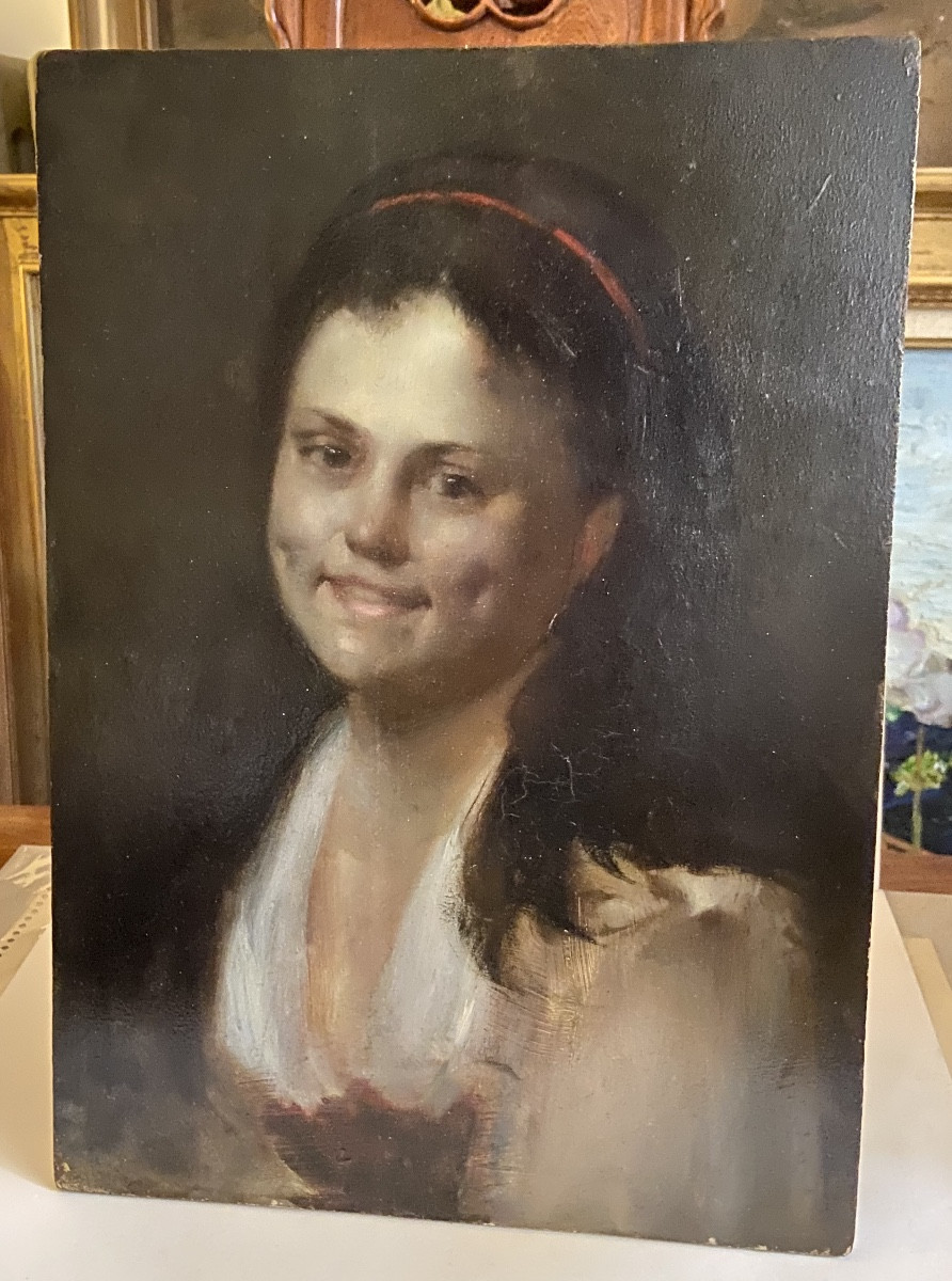 Portrait  d’une jeune fille, huile sur bois XIX