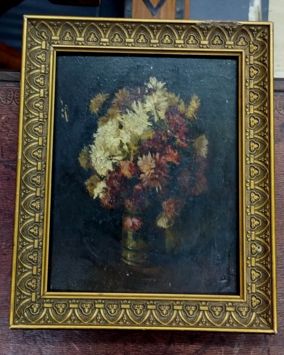 Bouquet Of Flowers Oil On Wood 19th Century-photo-2