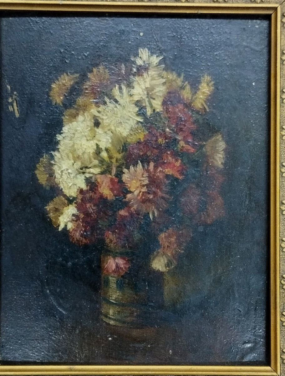 Bouquet Of Flowers Oil On Wood 19th Century-photo-1