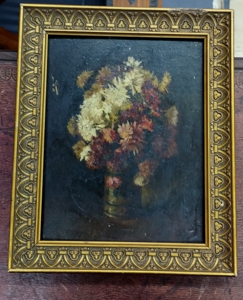 Bouquet Of Flowers Oil On Wood 19th Century