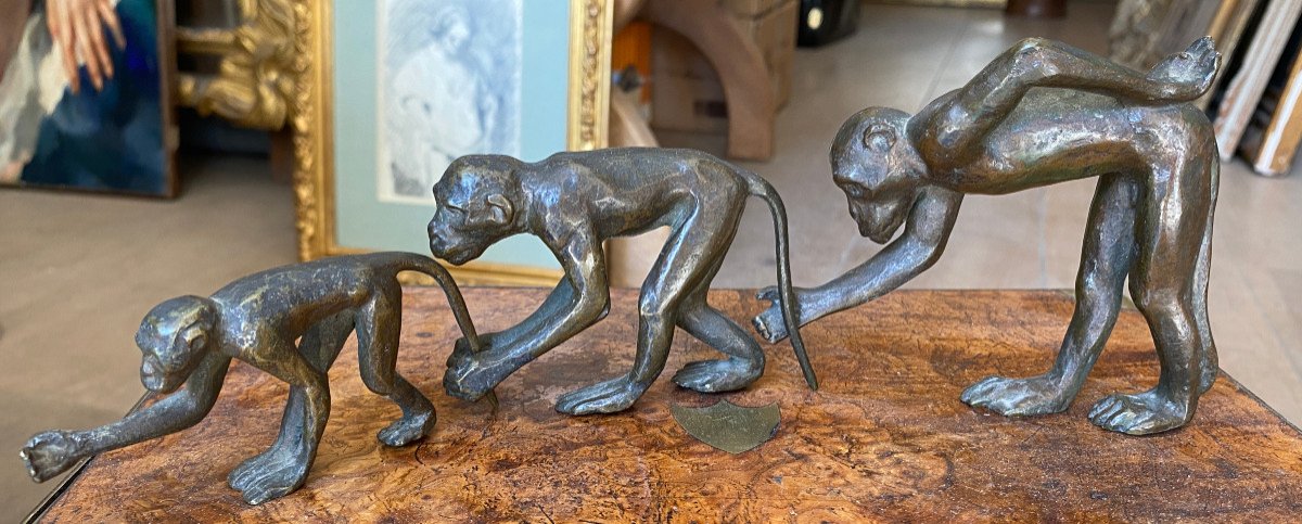 3 Petits Singe En Bronze Signé L.ball 1930