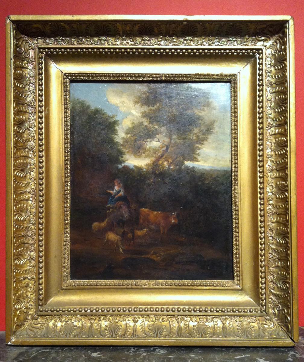 "Bergère et son Troupeau" Huile sur bois XIXe Siècle-photo-3