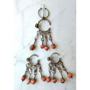Earrings And Fibula In Silver And Berber Coral XIX