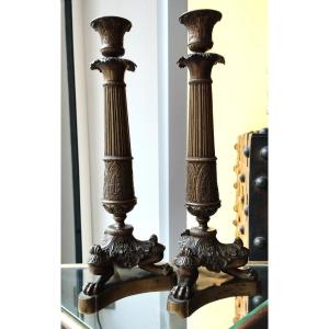 Pair Of XIXth Restoration Style Bronze Candlesticks