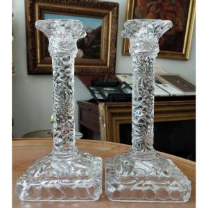 Pair Of Molded Crystal Candlesticks Baccarat XIX