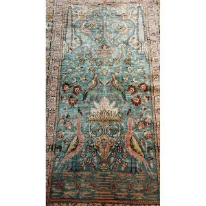 Iran Silk Rug Decorated With Birds, Flowers... Pink Shades