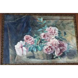 E. Chevrier "bouquet Of Peonies" Watercolor Early 20th Century