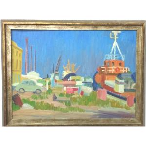 François Diana "view Of The Port" Oil On Cardboard