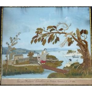 Tableau Broderie " Bord du Lac de Tonneins " 1835