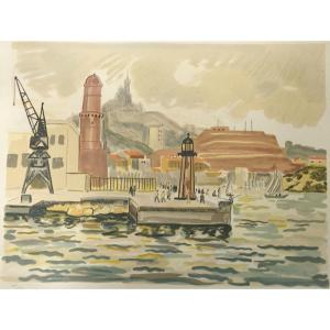 Yves Brayer  " Marseille le Fort St. Nicolas " Lithographie 50 X 65 cm