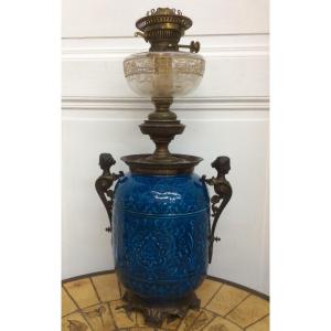 19th Century Oil Lamp In Blue Deck ?ceramic
