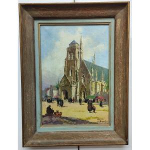 Henri Louis SCHAEFFER Locronan l' église Saint - Ronan Huile sur toile XX