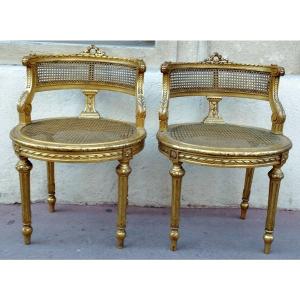 Pair Of Louis XVI Style Carved Gilded Wood Caned Armchairs