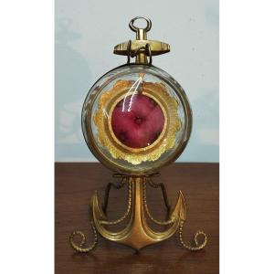 "marine Anchor" Pocket Watch Holder In Engraved Glass And Brass 19th Century