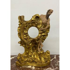 Watch Holder In Gilded And Polychromed Wood, 19th Century