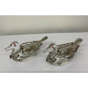 Pair Of Crystal And Silver Duck Salt Cellars 