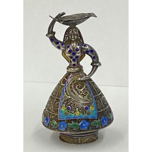 Portuguese Silver And Enamel Filigree Figurine 