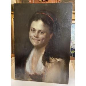 Portrait  d’une jeune fille, huile sur bois XIX