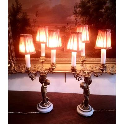 Paire De Lampes Amour Bronze Fin XIXe