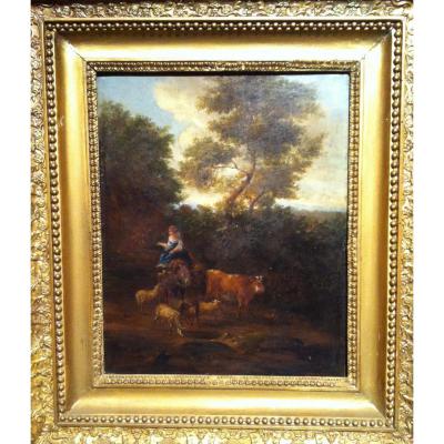 "shepherdess And Her Flock" Nineteenth Century Oil On Wood