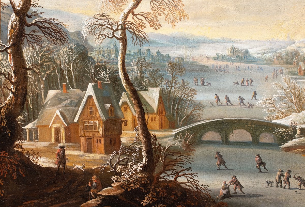 Winter Landscape With Skaters On A Frozen River. Dutch School Late 17th Century-photo-2