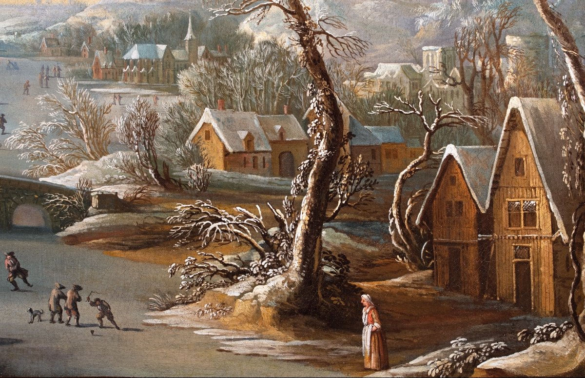 Winter Landscape With Skaters On A Frozen River. Dutch School Late 17th Century-photo-4