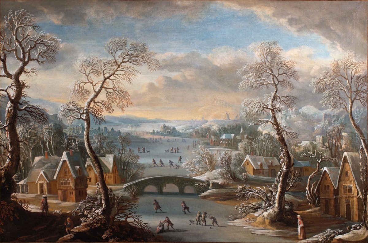 Winter Landscape With Skaters On A Frozen River. Dutch School Late 17th Century-photo-1