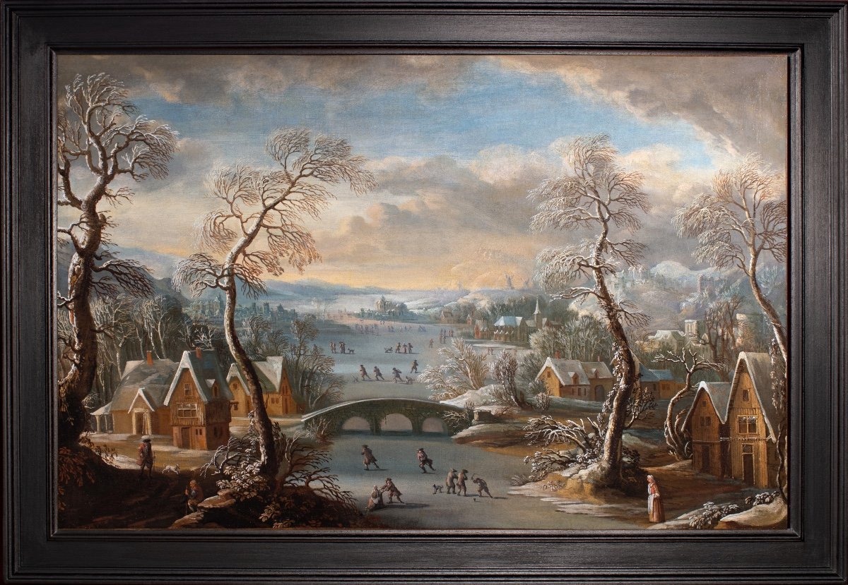 Winter Landscape With Skaters On A Frozen River. Dutch School Late 17th Century