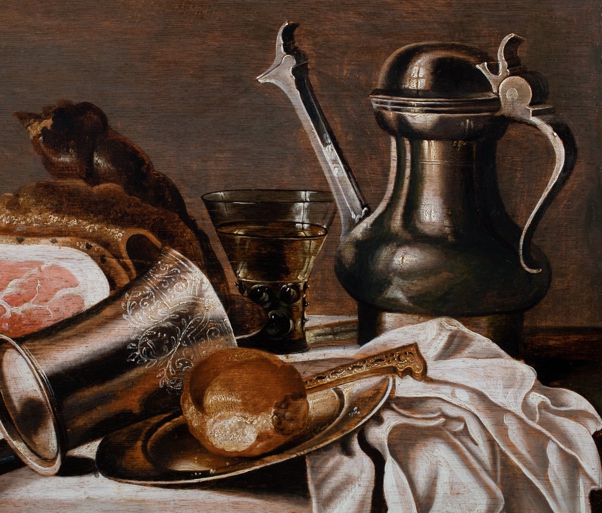 Nature morte d’un banquet au jambon et pièces d’orfèvrerie. Pieter Van Berendrecht 1616 - 1662-photo-2