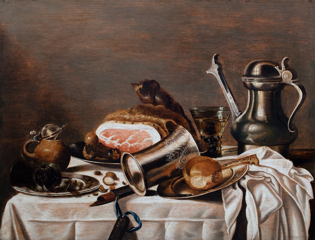 Nature morte d’un banquet au jambon et pièces d’orfèvrerie. Pieter Van Berendrecht 1616 - 1662-photo-4