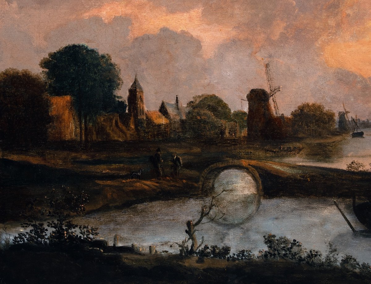 Paysage d’estuaire & pêcheurs au soleil couchant. Aert Van der Neer (1603-1677) Att--photo-3