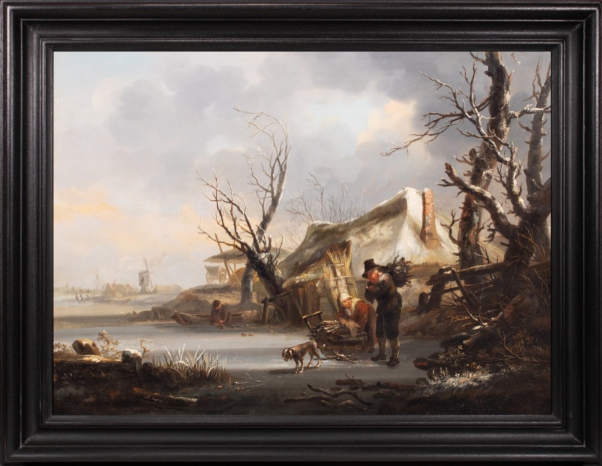 Winter Landscape With Villagers And Skaters. Signed Andries Vermeulen (1763-1814)