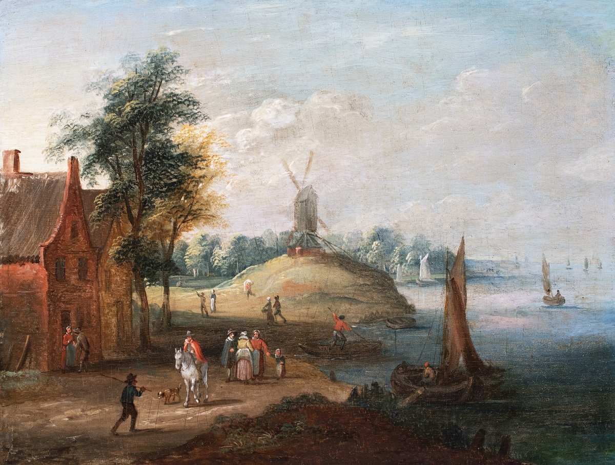 Paysage d’estuaire animé de villageois et pêcheurs. École de Jan Brueghel le Jeune XVIIe Siècle-photo-2