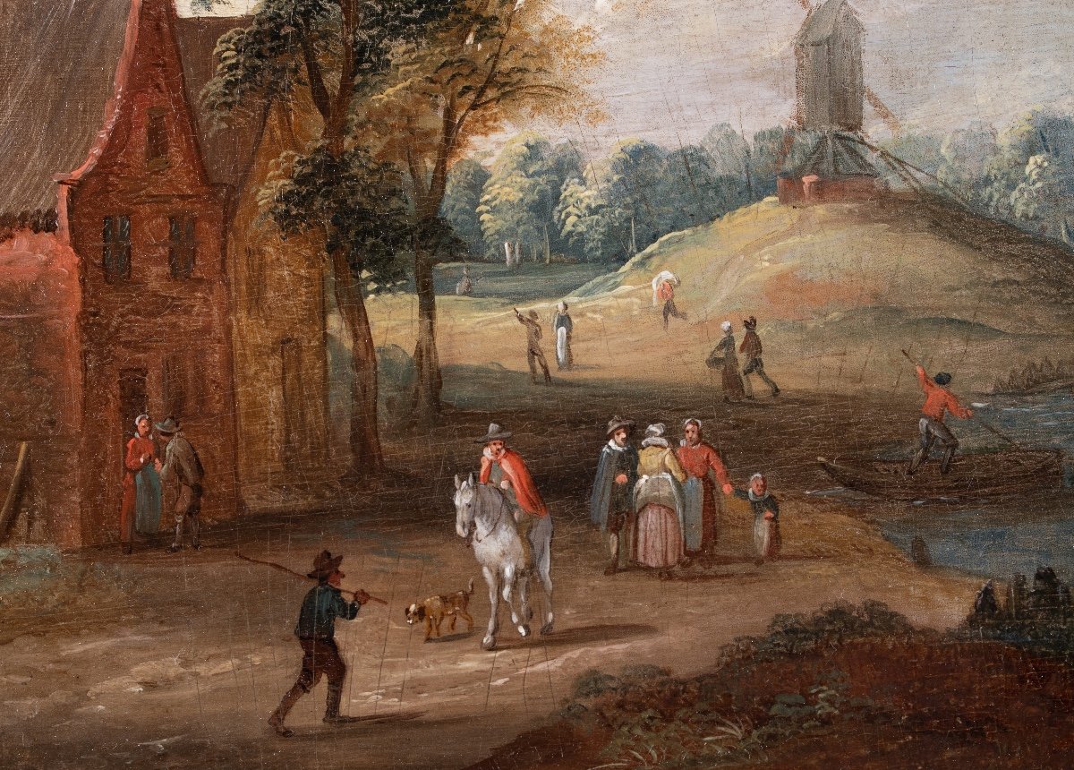 Paysage d’estuaire animé de villageois et pêcheurs. École de Jan Brueghel le Jeune XVIIe Siècle-photo-3