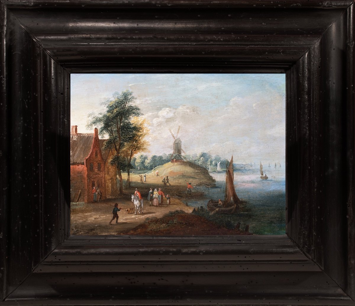 Paysage d’estuaire animé de villageois et pêcheurs. École de Jan Brueghel le Jeune XVIIe Siècle