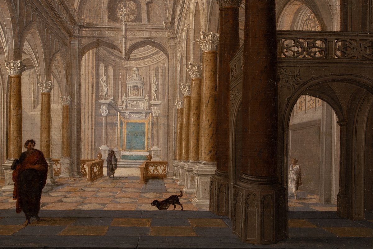 Intérieur de Cathédrale animé de personnages. Hendrick Van Steenwijck II (1580-1649) Attr-photo-3