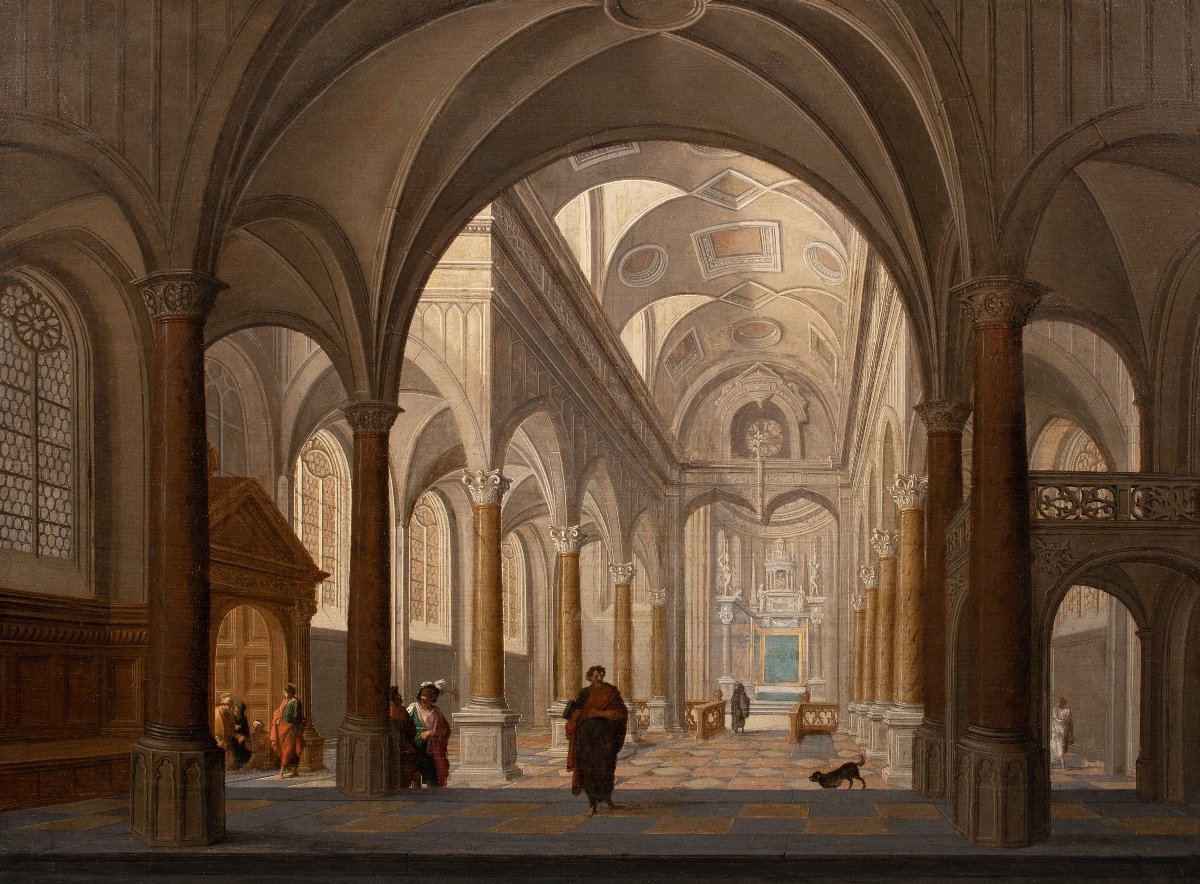 Intérieur de Cathédrale animé de personnages. Hendrick Van Steenwijck II (1580-1649) Attr-photo-4