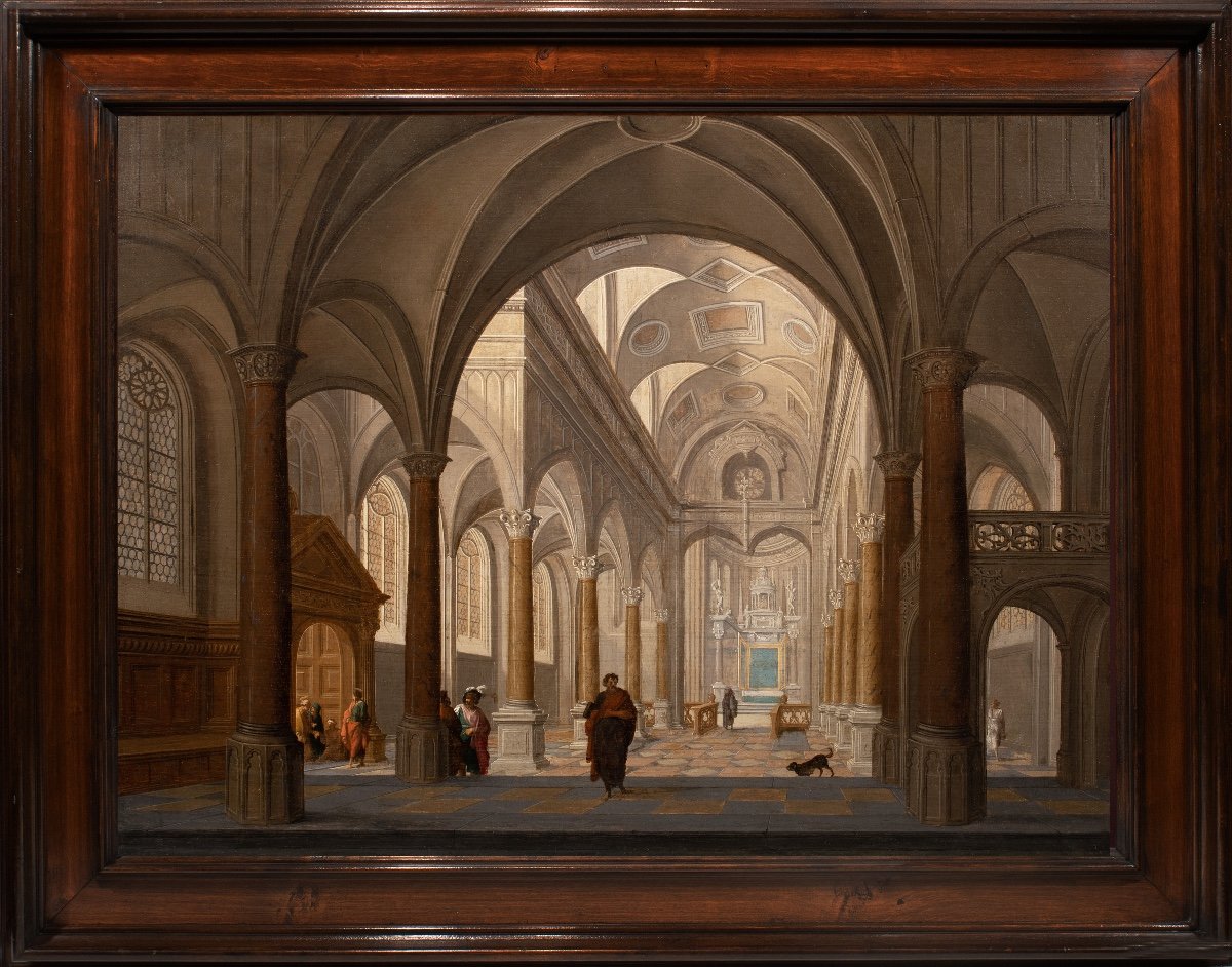 Intérieur de Cathédrale animé de personnages. Hendrick Van Steenwijck II (1580-1649) Attr