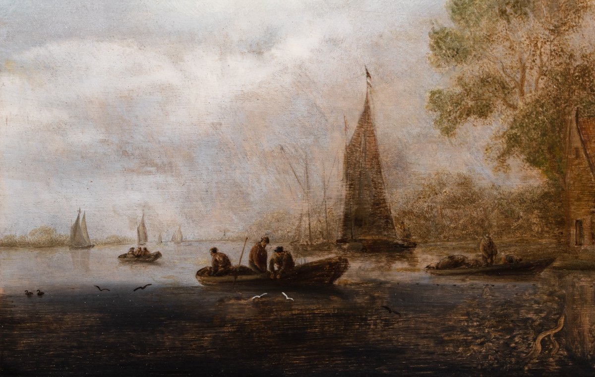 Paysage d’estuaire avec pêcheurs et promeneurs. Salomon Van Ruysdael et son Atelier (XVIIe S)-photo-3