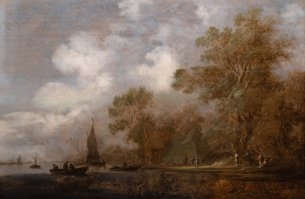 Paysage d’estuaire avec pêcheurs et promeneurs. Salomon Van Ruysdael et son Atelier (XVIIe S)-photo-4