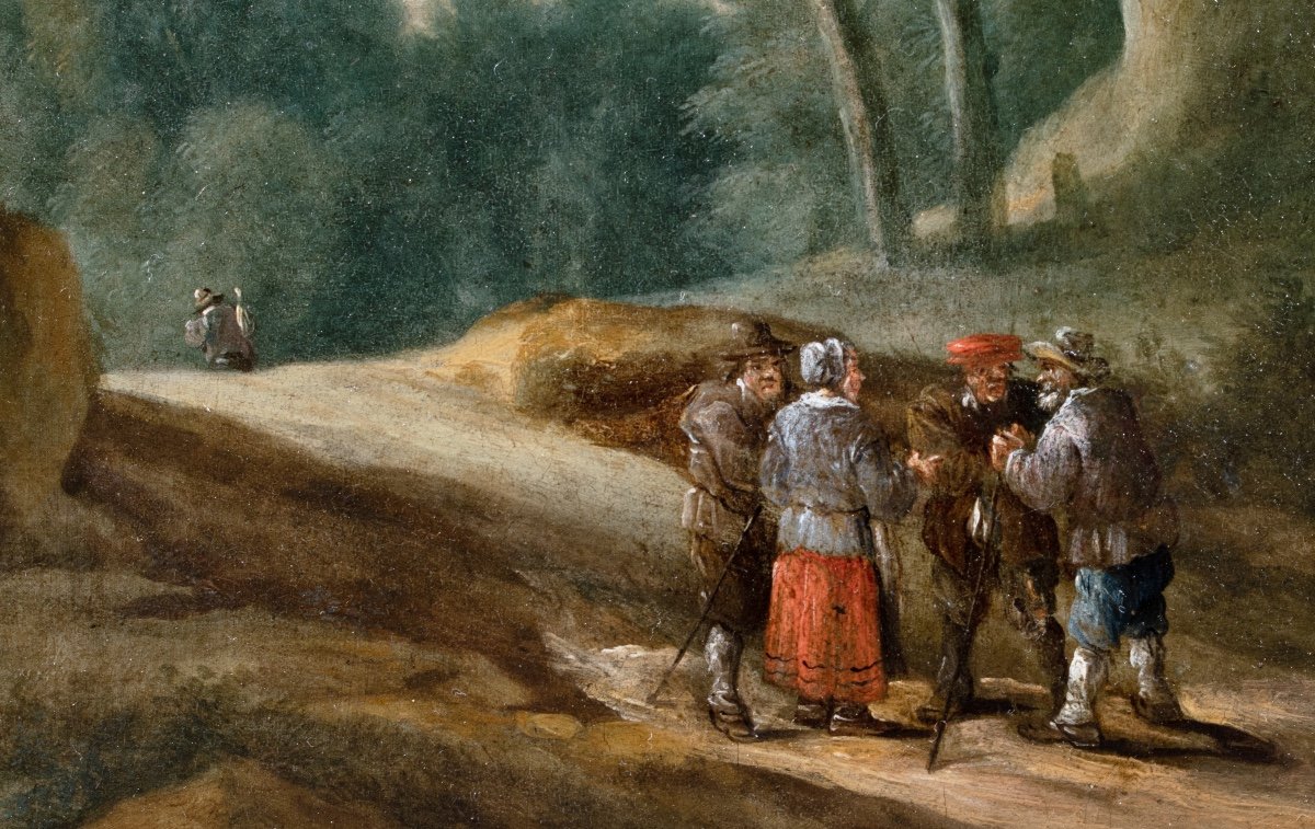 Hilly Landscape With Walkers Talking. Lucas Van Uden & Thomas Van Apshoven - 17th Century-photo-2