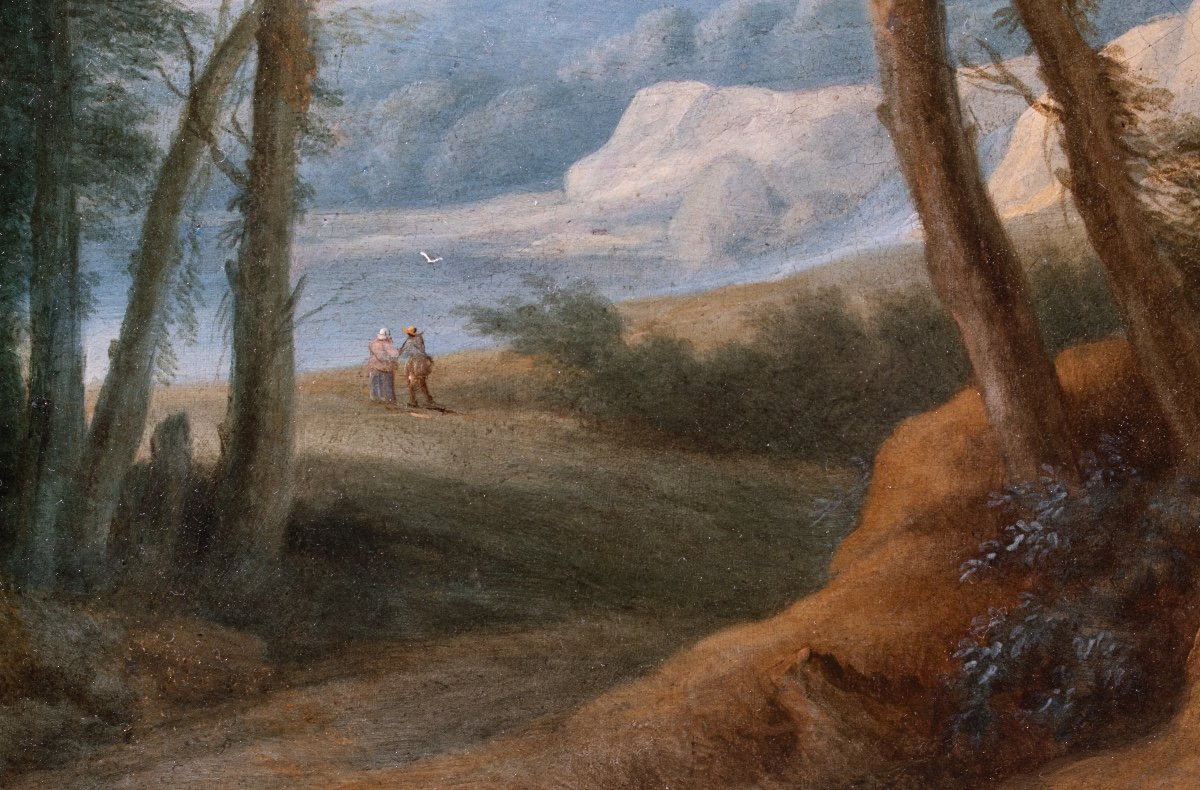 Hilly Landscape With Walkers Talking. Lucas Van Uden & Thomas Van Apshoven - 17th Century-photo-3