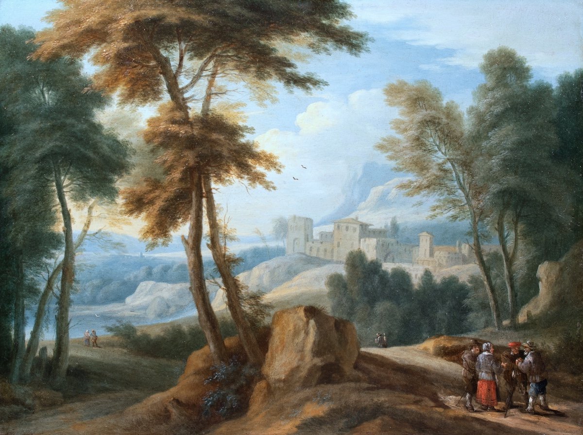 Hilly Landscape With Walkers Talking. Lucas Van Uden & Thomas Van Apshoven - 17th Century-photo-4