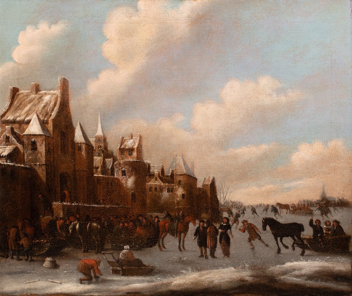 Paysage d’hiver avec villageois et patineurs. École Hollandaise du XVIIème Siècle-photo-4