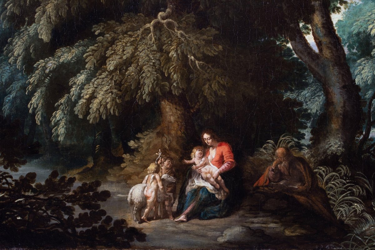 Wooded Landscape With The Resting Of The Holy Family. Flemish School Of The 17th Century Around 1640-photo-2